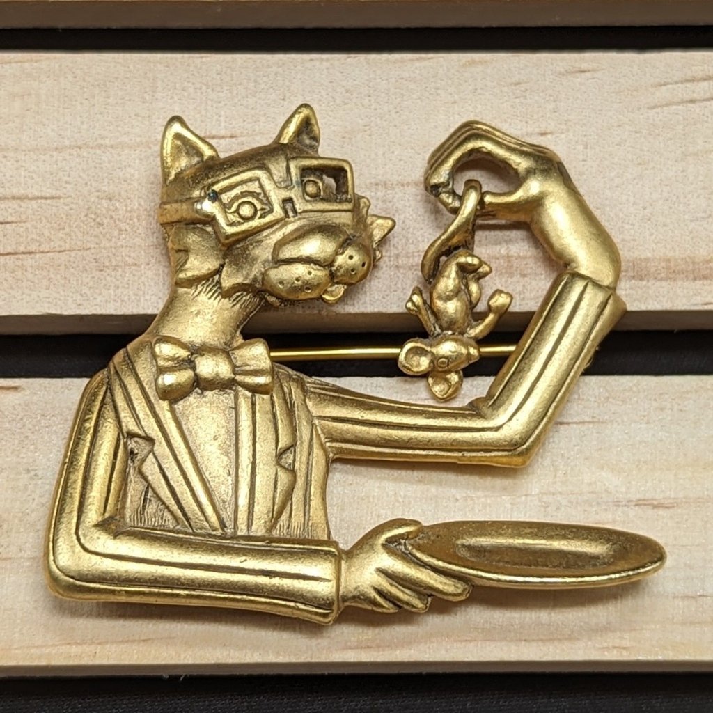 Vintage Ajc Gold-Tone Cat Brooch Pin With Mouse Sophistakitty Dining 24$